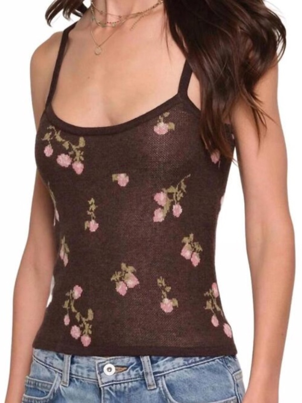 Heartloom Brown Floral Knit Cami with Pink Roses